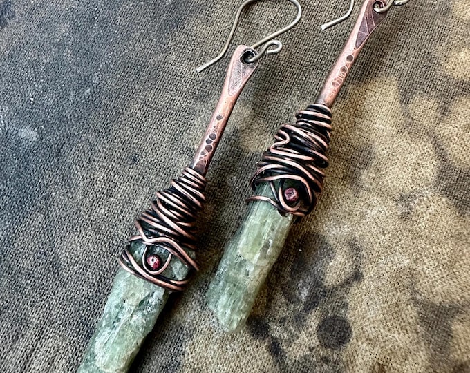 Rustic Copper Wrapped Green Kyanite Earrings