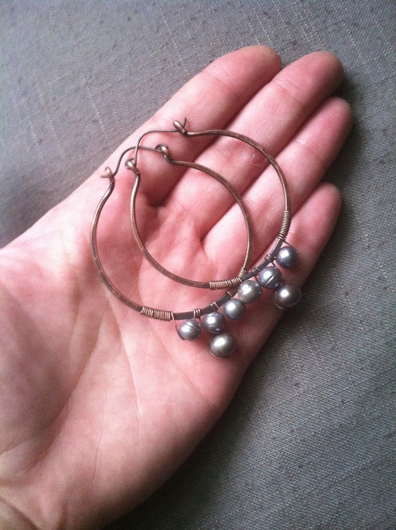 Copper and Pearl Hoop Earrings Wire Wrap Earrings Large Hoop Earrings Rustic Jewelry Daniellerosebean Big Copper Hoops