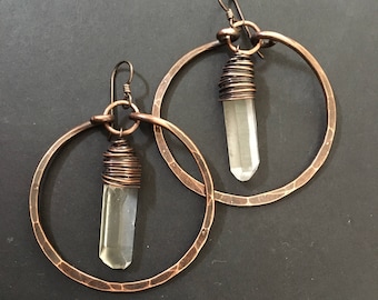 Copper Hoop Earrings Crystal Earrings Raw Quartz Healing Crystals Copper Hoops /Rustic Jewelry DanielleRoseBean Dangle Hoops