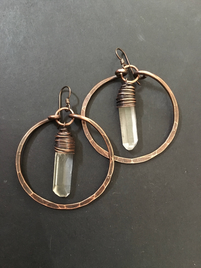 Copper Hoop Earrings Crystal Earrings Raw Quartz Healing Crystals Copper Hoops /Rustic Jewelry DanielleRoseBean Dangle Hoops image 1