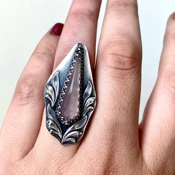 Lavendel Chalcedoon Ring / Sterling Zilveren Ringen / Bloemen Sieraden / Filigraan Blad / Art Nouveau / Elfin / Daniellerosebean / Paars