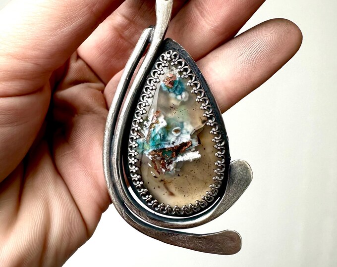 Agate Statement Necklace, Sterling Silver Chain Necklaces, Healing Stone Pendant, Boho Jewelry, Asymmetrical Pendants, Daniellerosebean,