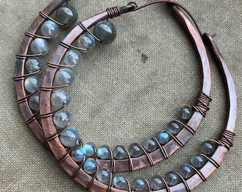 Extra Large Hoops / Copper / Labradorite / Healing Stones / Gemstone Earrings / Big Hoops / Daniellerosebean / Wire Wrap / Hoop Earrings