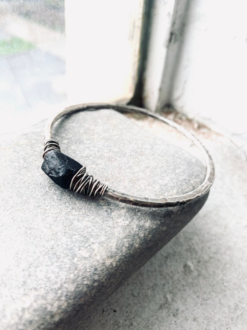 Sterling Silver Bracelet /Bangle Bracelet /Raw Gemstone / Rustic Jewelry /Black Tourmaline / Silver Bangle / DanielleRoseBean / Silver image 1