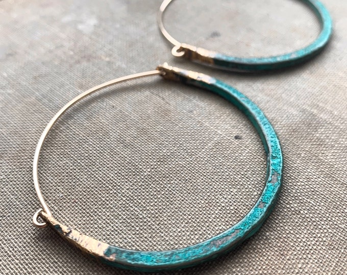 Hammered Brass Hoop Earrings with Turquoise Patina