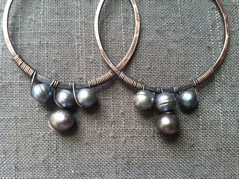 Copper and Pearl Hoop Earrings Wire Wrap Earrings Large Hoop Earrings Rustic Jewelry Daniellerosebean Big Copper Hoops