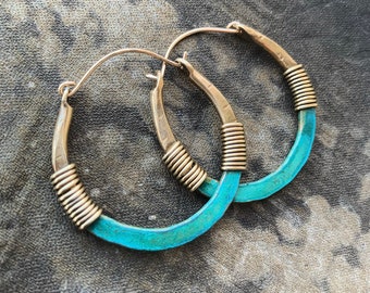 Brass Hoop Earrings / Green Patina / Custom Hoops / Large / Small / Hammered / Rustic Jewelry / daniellerosebean / Boho / Statement Earring