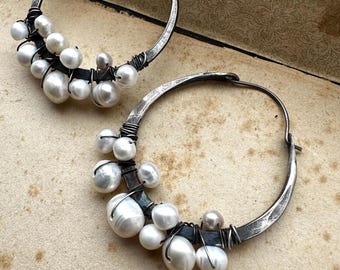 Pearl Hoop Earrings / Sterling Silver Hoops / Rustic Jewelry / Daniellerosebean / Boho / Freshwater Pearls / Wire Wrapped Jewellery