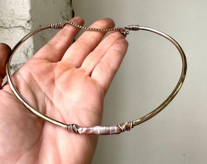 Solid Brass Collar Necklace with lavender pearl