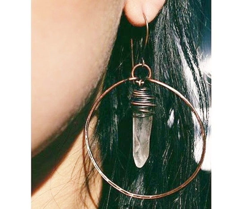 Copper Hoop Earrings Crystal Earrings Raw Quartz Healing Crystals Copper Hoops /Rustic Jewelry DanielleRoseBean Dangle Hoops image 4