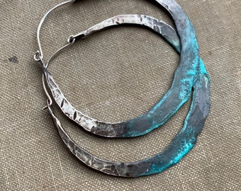 Sterling Silver Hoop Earrings / ombré hoops / boho / green patina / statement / hammered / large / small / DanielleRoseBean / rustic jewelry