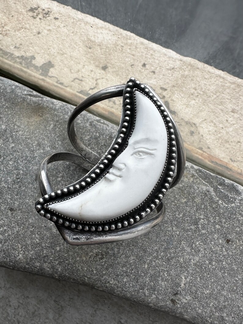 Howlite Crescent Moon Cuff / Sterling Silver Cuffs / Large Bracelet / Statement Bracelets / Healing Stones / Daniellerosebean / Boho image 4