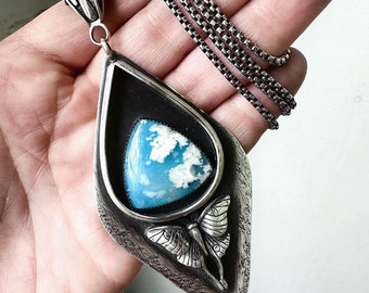 Luna Moth Statement Necklace  Sterling Silver Necklaces / Cloudy sky / Daniellerosebean / Long Chain / boho Jewelry / Blue Stone / Ooak