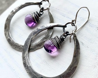 Amethyst Hoop Earrings / Sterling Silver Hoops / Dangle / wire Wrapped Jewelry / Boho / Daniellerosebean / Drop / Rustic  / Purple Stone /