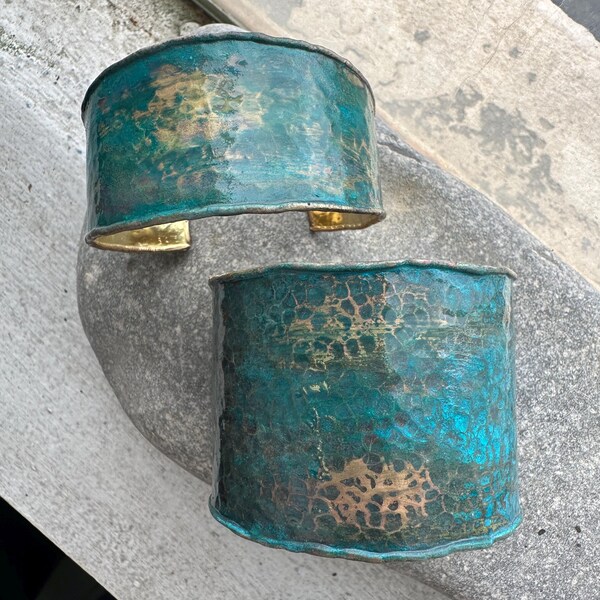 Rustic Brass Cuff Bracelet, Green Patina, Hammered Cuffs, Daniellerosebean Jewelry, Boho