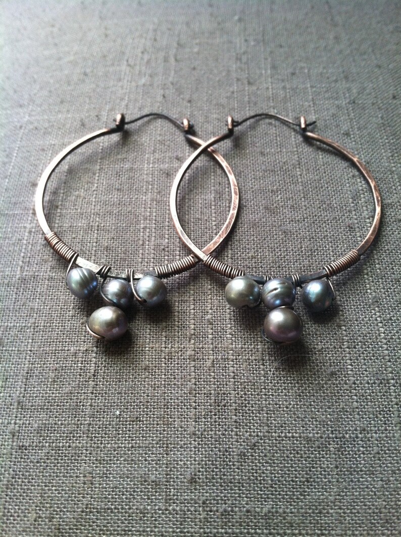 Copper and Pearl Hoop Earrings Wire Wrap Earrings Large Hoop Earrings Rustic Jewelry Daniellerosebean Big Copper Hoops