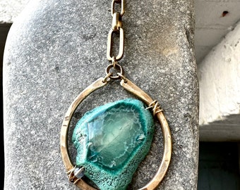 Druzy Agate Statement Necklace / Green Stone Pendant / Vintage Brass Chain / Healing Stones / daniellerosebean / Rustic Jewelry / Boho