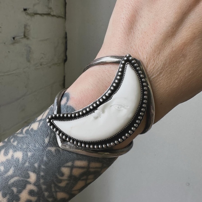 Howlite Crescent Moon Cuff / Sterling Silver Cuffs / Large Bracelet / Statement Bracelets / Healing Stones / Daniellerosebean / Boho image 1
