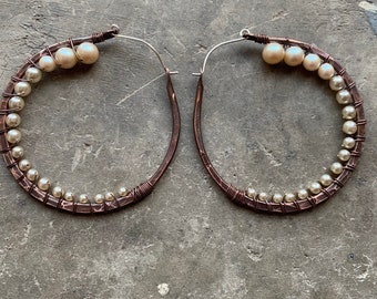 Cream Pearl Hoop Earrings / Antique Copper Hoops / Large Earring / Rustic Jewelry / daniellerosebean / Statement Jewellery / boho / big