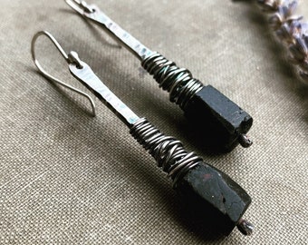 Raw Black Tourmaline Earrings / Sterling Silver / Wire Wrap Jewelry / Boho / Rustic Earring / Hammered / Dangle / Healing Stones