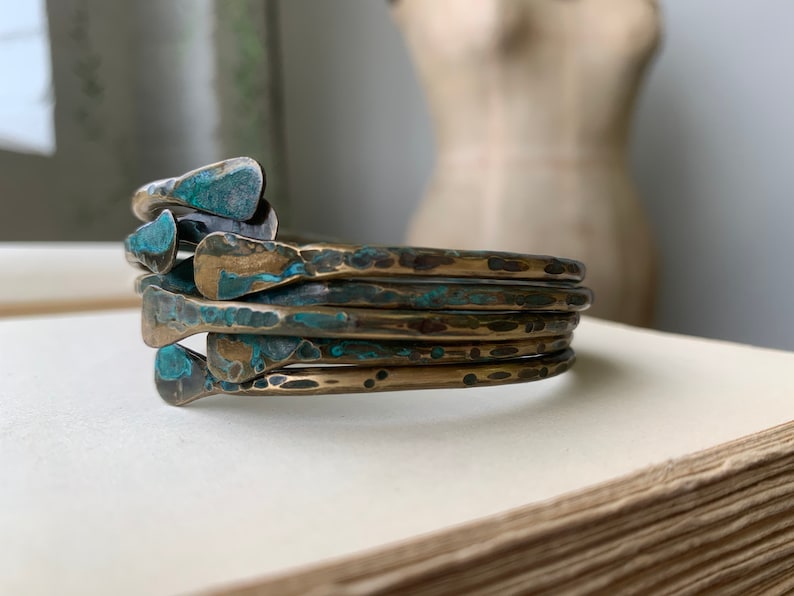 Hammered Brass Bangle Set Shabby Rustic Jewelry Stacked Bracelets Boho DanielleRoseBean Green Patine vintage brass