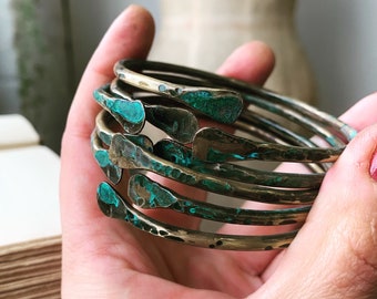 Hammered Brass Bangle Set / Shabby / Rustic Jewelry / Stacked / Bracelets / Boho / DanielleRoseBean / Green Patine  / vintage brass