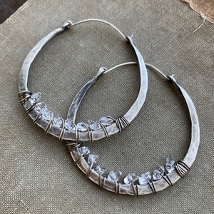 Hammered Sterling Silver Hoop Earrings / Herkimer Diamond Hoops / oxidized / Wire wrap Jewelry / Statement / daniellerosebean / Boho image 5
