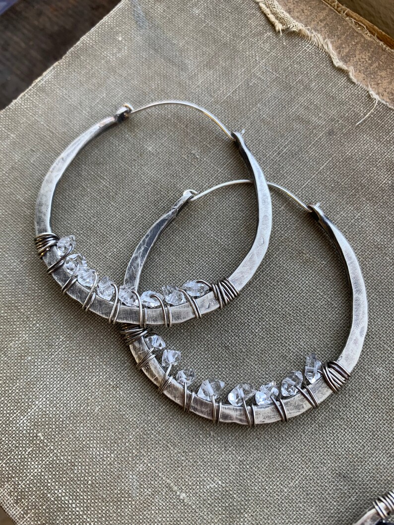 Hammered Sterling Silver Hoop Earrings / Herkimer Diamond Hoops / oxidized / Wire wrap Jewelry / Statement / daniellerosebean / Boho image 5