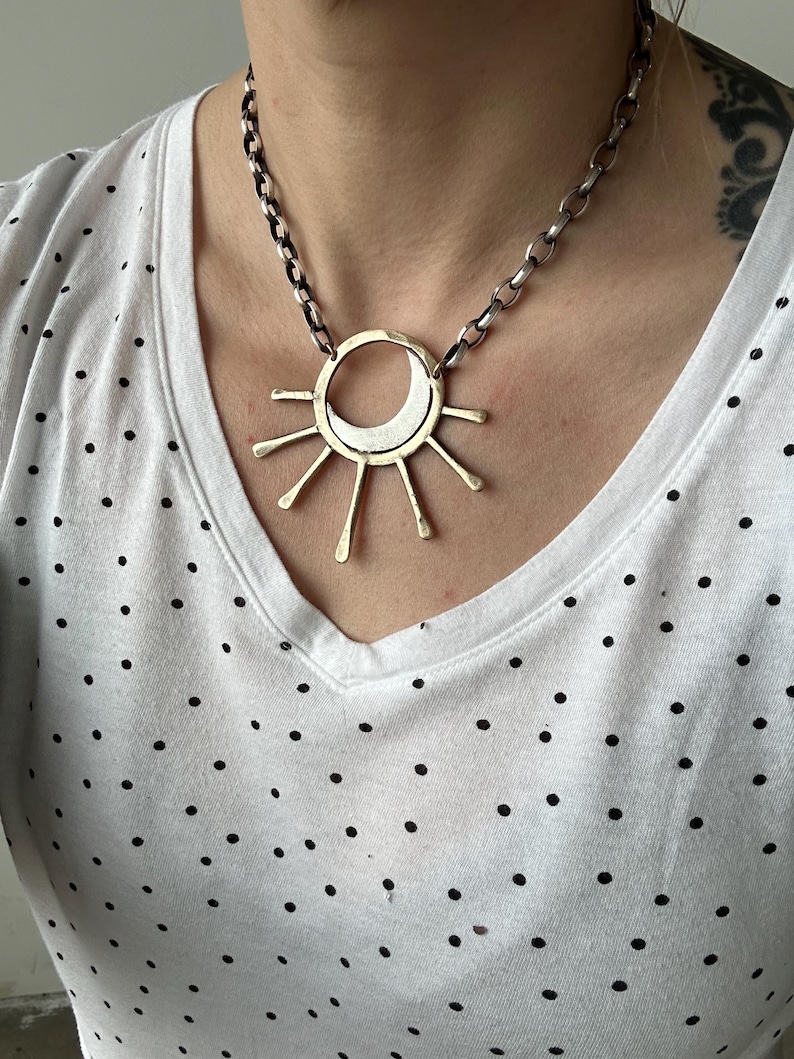 Mixed Metal Celestial Necklace, Sterling Silver Brass Necklaces, Moon Sun Pendant, Daniellerosebean, 90s Jewellery image 2