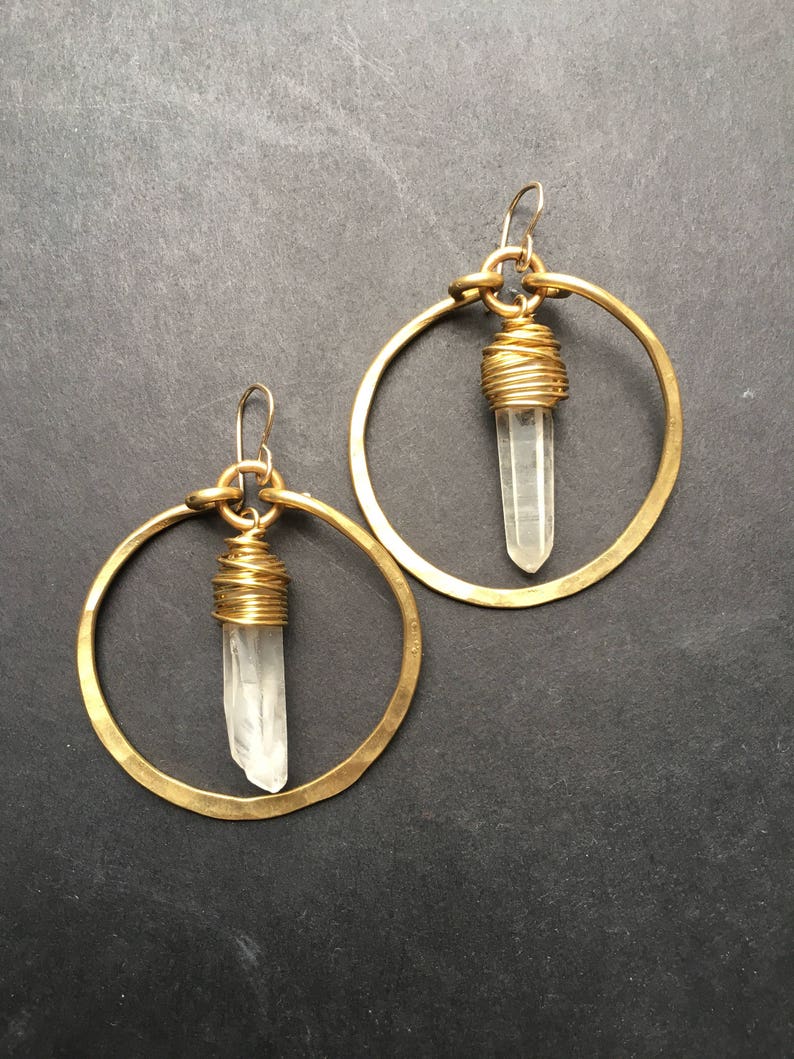 Brass Hoop Earrings Crystal Earrings Raw Quartz Healing Etsy