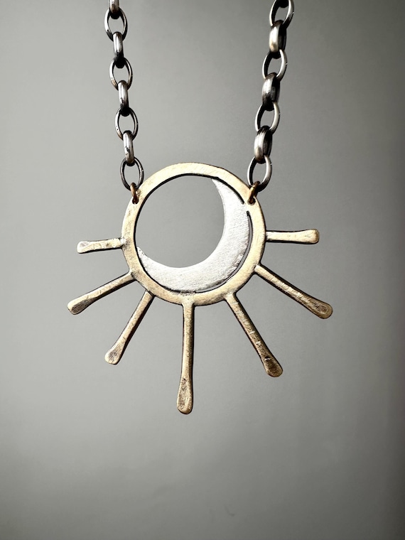 Mixed Metal Celestial Necklace, Sterling Silver Brass Necklaces, Moon Sun Pendant, Daniellerosebean, 90s Jewellery