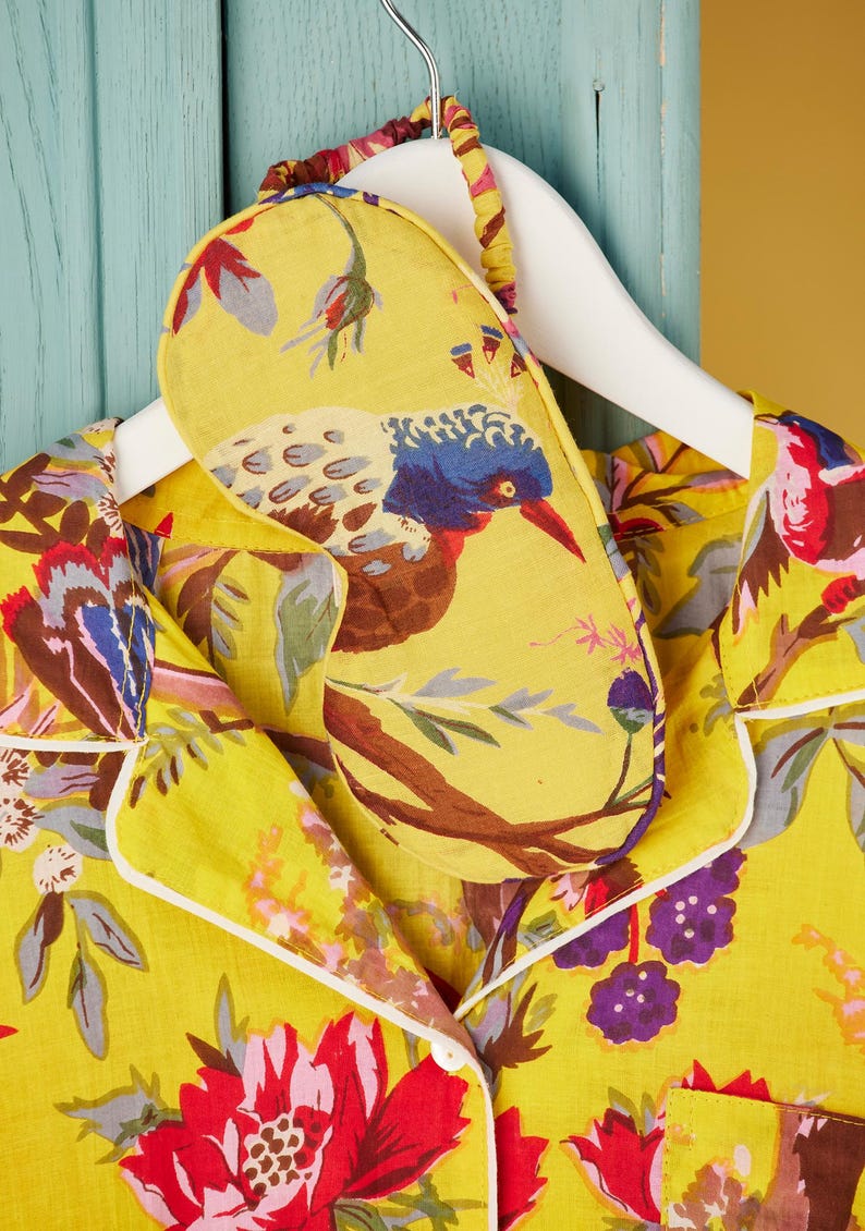 Handmade Bird of Paradise Pyjamas – Tropical Yellow Cotton Nightwear