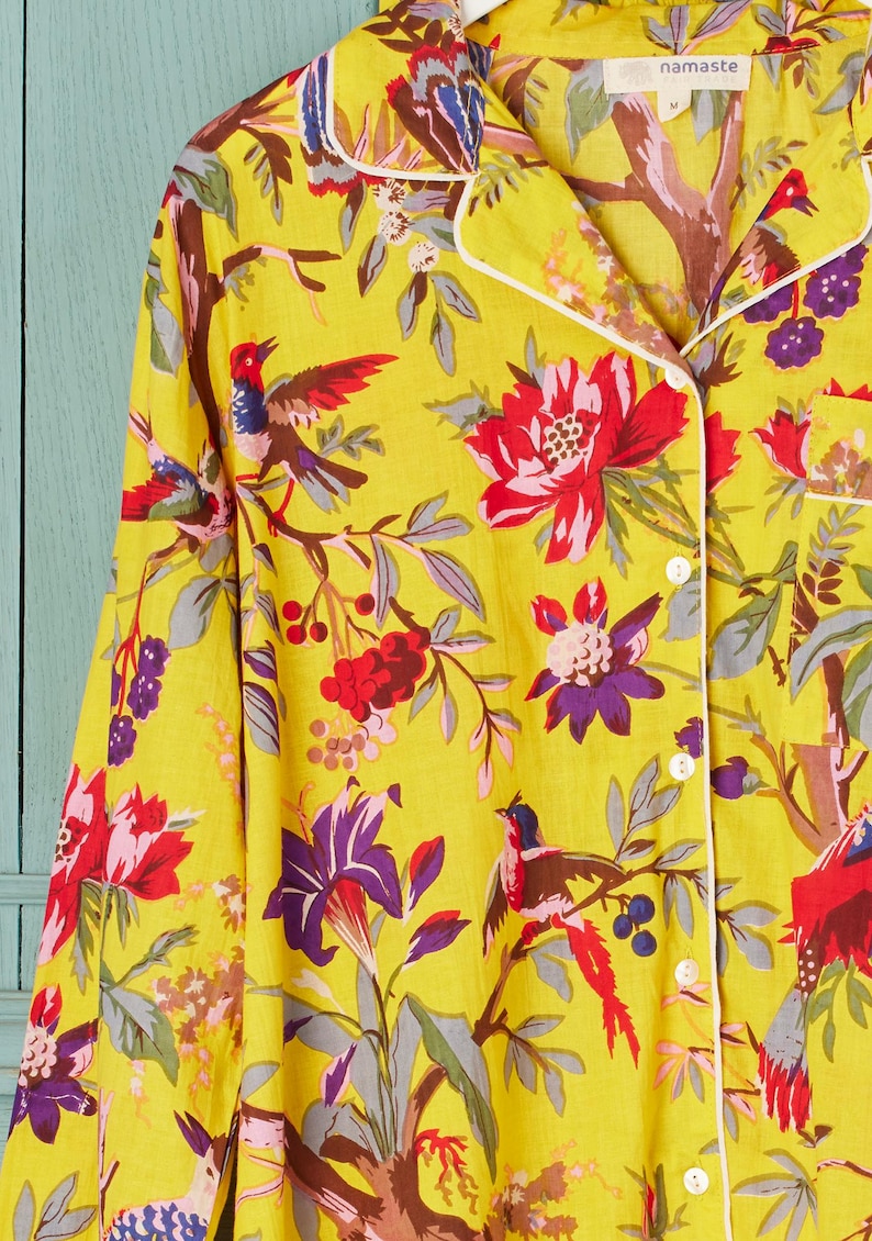 Handmade Bird of Paradise Pyjamas – Tropical Yellow Cotton Nightwear
