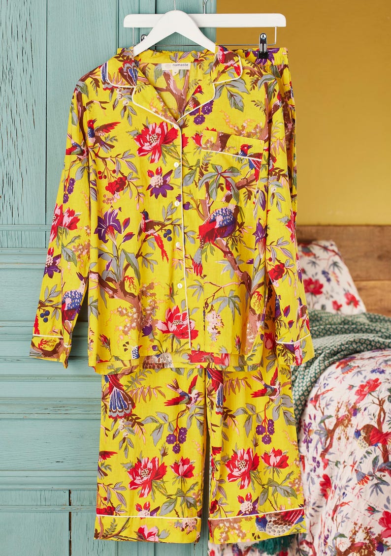 Handmade Bird of Paradise Pyjamas – Tropical Yellow Cotton Nightwear