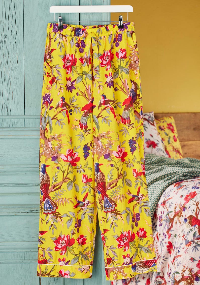 Handmade Bird of Paradise Pyjamas – Tropical Yellow Cotton Nightwear