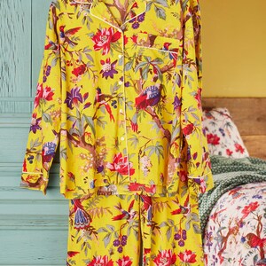 Handmade Bird of Paradise Pyjamas – Tropical Yellow Cotton Nightwear