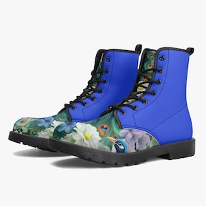 Custom Made blue Peacock Style Vegan Leather Boots, Eco-Friendly Unisex Combat Boots, Bespoke Festival Boots, Unique Made to Order Footwear