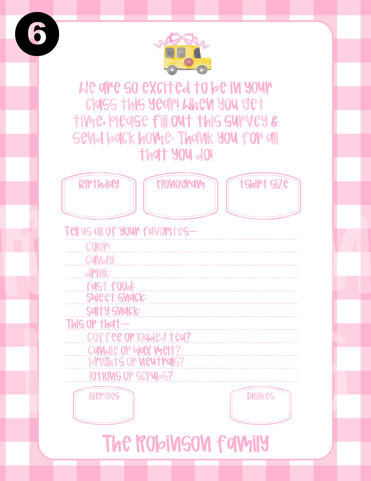 Teacher Questionnaire- Pink Bus - Etsy Canada