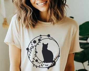 Himmelsk katt-t-shirt, mystisk kattälskare-t-shirt, blommig måne-t-shirt, månkatt-t-shirt, kattmamma-present, present till kattälskare, kattälskare-t-shirt