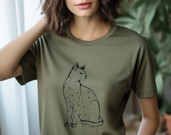 Himmelsk katt-t-shirt, mystisk kattälskare-t-shirt, blommig måne-t-shirt, stjärnkatt-t-shirt, kattmamma-present, present till kattälskare, kattälskare-t-shirt