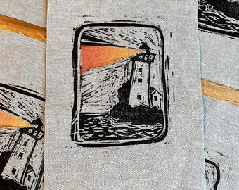 Handbedruckter Leuchtturm - maritimer Blockdruck Nachhaltiger Punk Leinen Aufnäher
