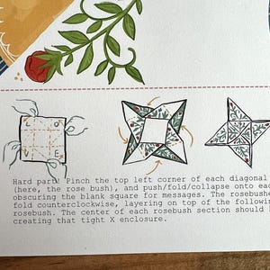 May include: Diagram illustrating origami folding steps. The image shows a square of paper being folded into a star shape, with instructions and illustrations. The design includes floral elements and text.