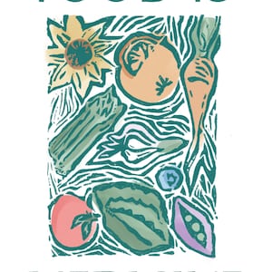 Food Is Medizin 12x9" Wand Kunst Druck Poster geschnitzter Linolschnitt Recyclingpapier