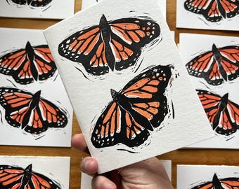 Handgedruckte Linolschnitt Karte Monarchfalter , innen leer