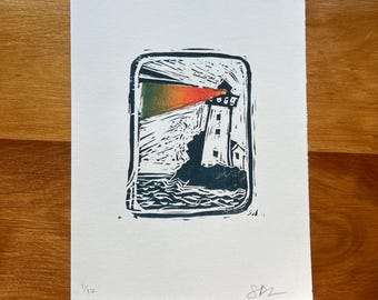 Leuchtturm handgeschnitzter und gezogener Linoldruck