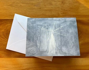 Sonnenwende in Newgrange (Sonnenschein + Spiralen) gefaltete Feiertagskarte + Umschlag