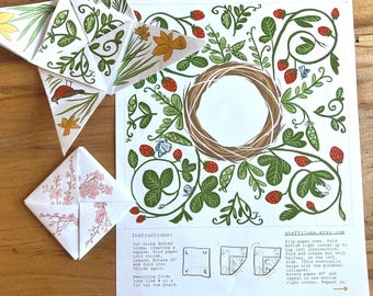 Spring botanical strawberries daffodil robin DIY Victorian puzzle purse pocket blank card