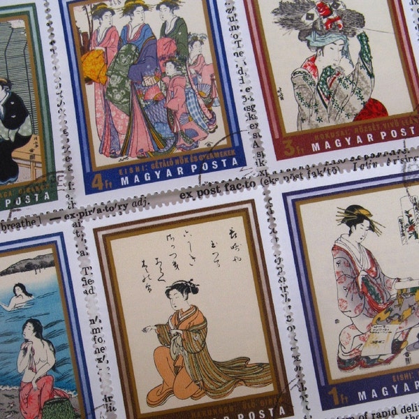 Japanese woodblock stamp set - vintage postage -  Hungarian stamps - postage stamp ephemera