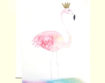 Pink Flamingo Birthday Card, Congratulations Card, Happy Birthday, Gold Crown Glitter Card, Colorful Watercolor Card, Birthday Card