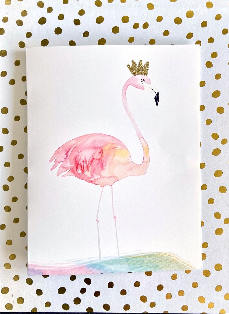 Pink Flamingo Birthday Card, Congratulations Card, Happy Birthday, Gold Crown Glitter Card, Colorful Watercolor Card, Birthday Card image 7